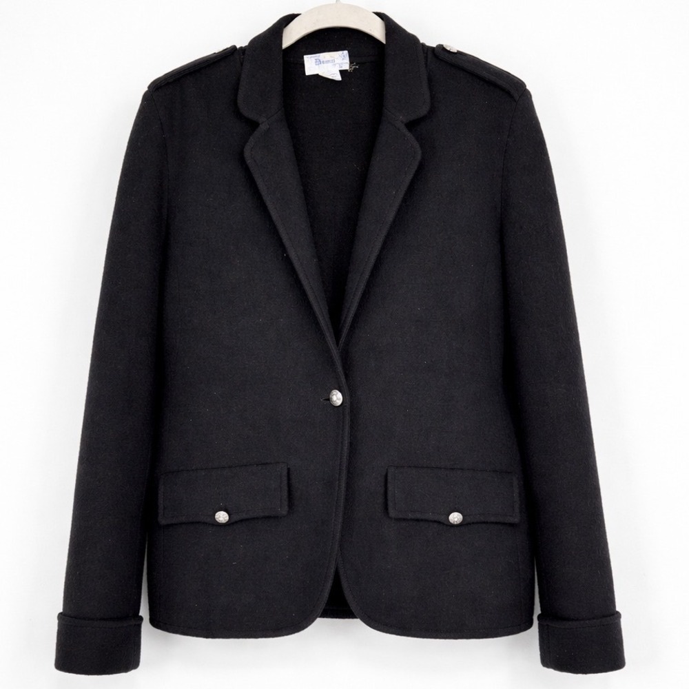 Vintage Deans of Scotland 100% Wool Blazer Jacket Sz M Black Silver Chic Winter